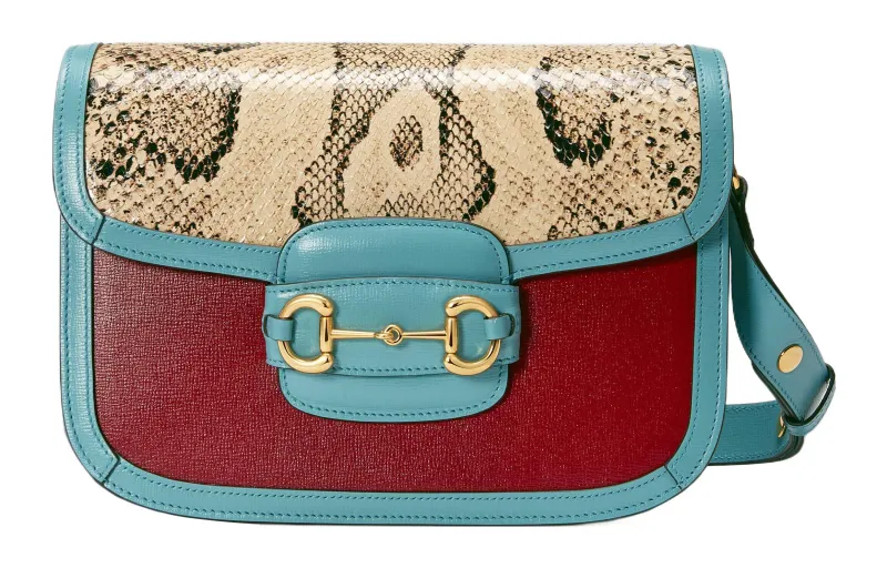 GUCCI Horsebit 1955 Python Skin With Leather Saddle Bag, Crossbody Bag, Shoulder Bag Women's Multicolor