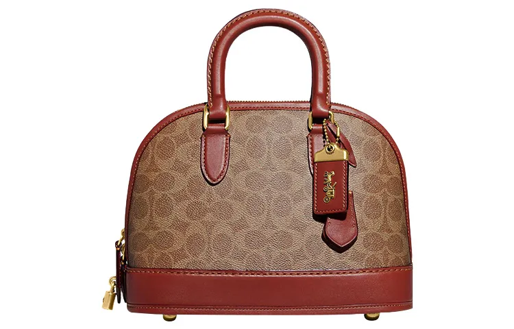 COACH Revel Artificial Leather Dome Bag One Shoulder Crossbody Handbags Medium Women's Brown & Yellow & Rusty Red