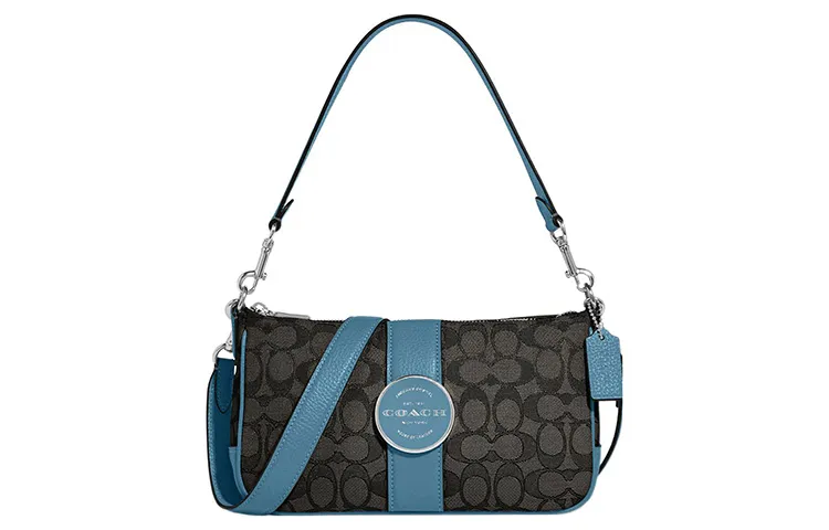 COACH Lonnie Fabric With Cow Leather Shoulder Bag, Portable Crossbody Bag Women's Charcoal Black & Pacific Blue