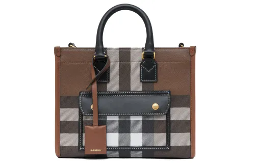 Burberry Mini Check And Leather Freya Tote Bag Dark Birch Brown