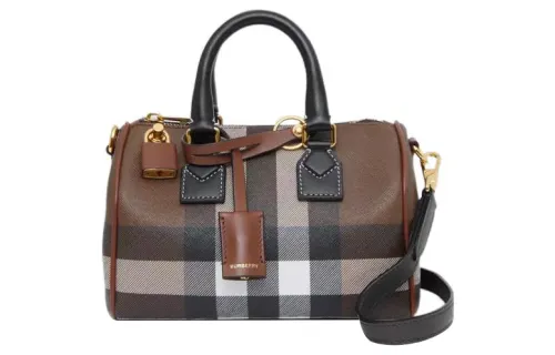 Burberry Check And Leather Bowling Bag Mini Dark Birch Brown