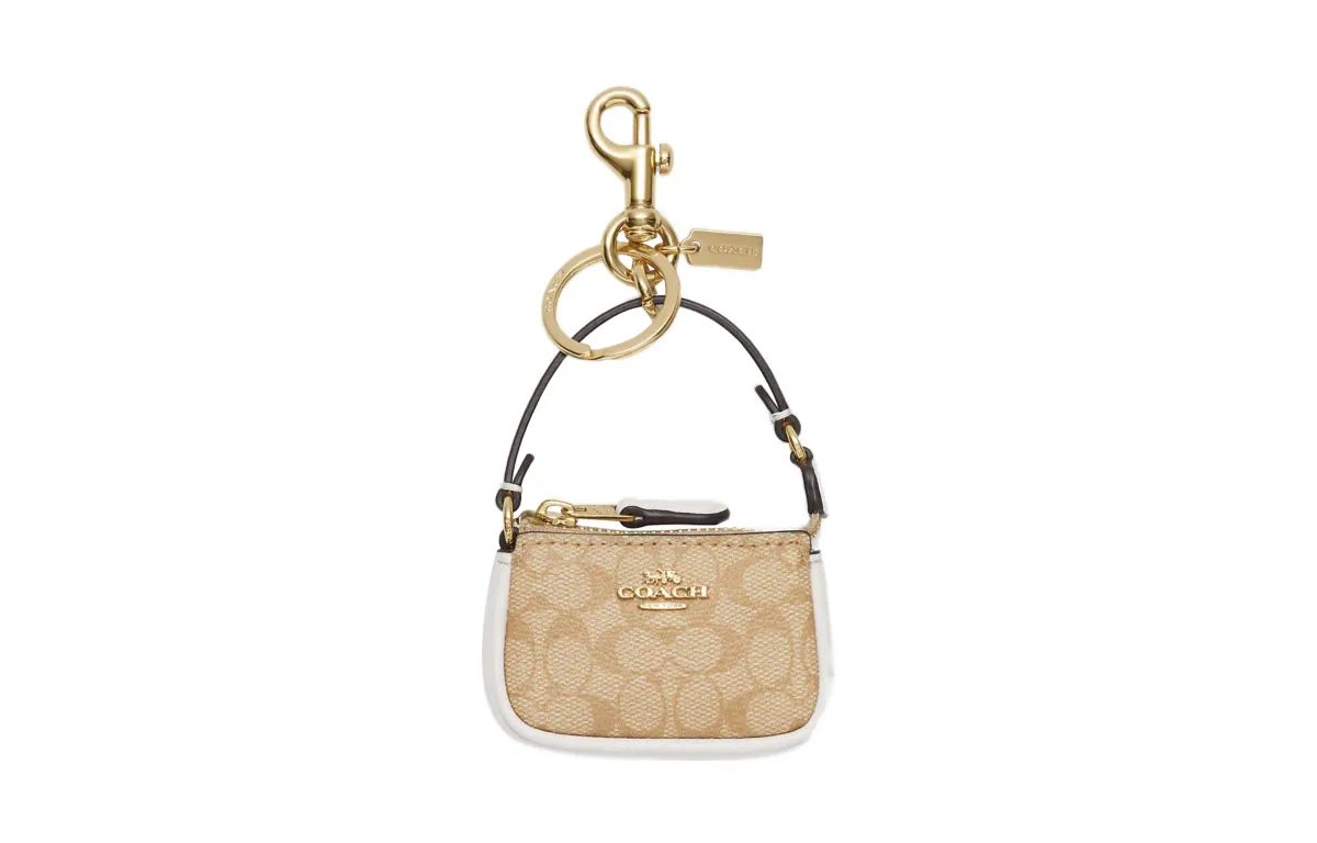 COACH Coated Canvas With Calfskin Bag Charm Bag Merch Women's Gold & Khaki