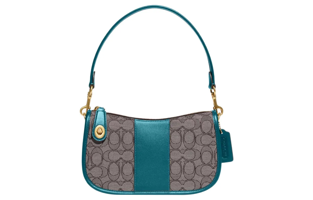 COACH Swinger Fabric With Leather Shoulder Bag, Crossbody Bag, Handbag Medium Women's Gray & Blue