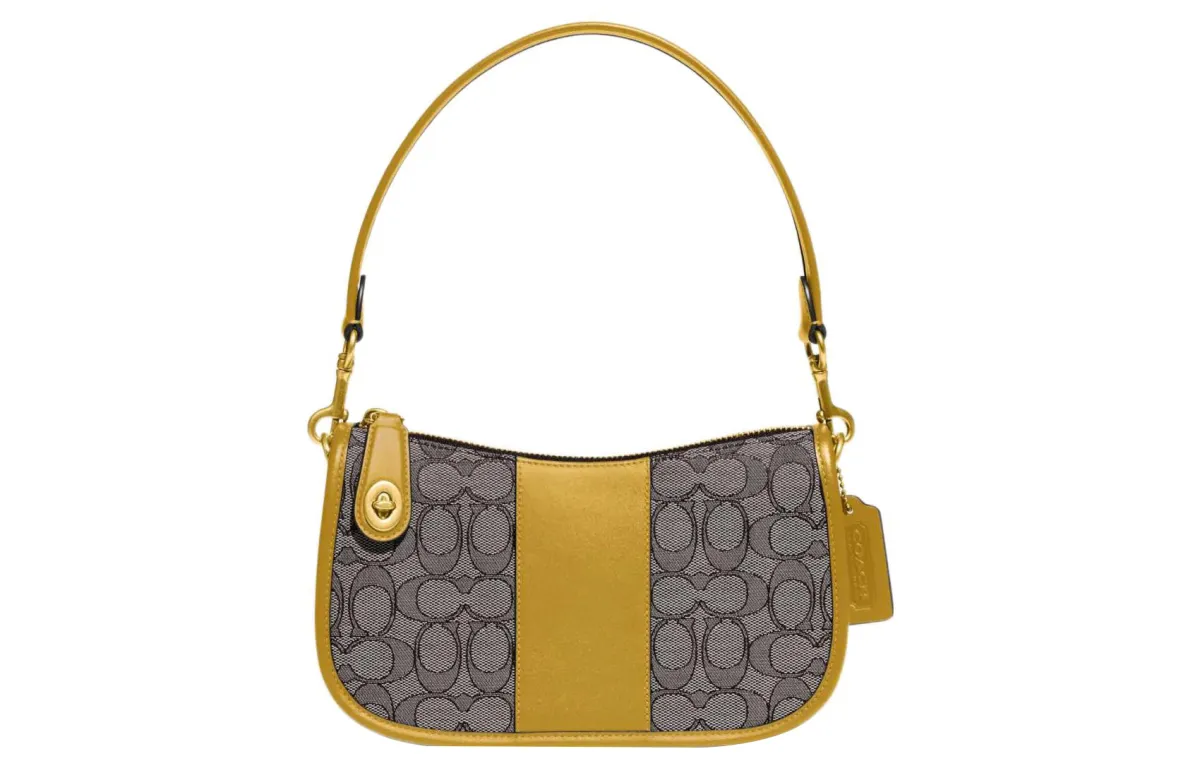COACH Swinger Fabric With Leather Shoulder Bag, Crossbody Bag, Handbag Medium Women's Gray & Yellow