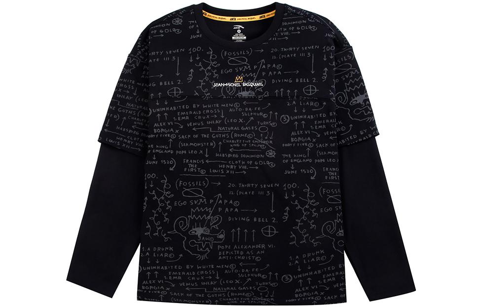 Anta Anta x Jean-Michel Basquiat/Jean-Michel Basquiat joint model fake two-piece round neck long-sleeved T-shirt men's black
