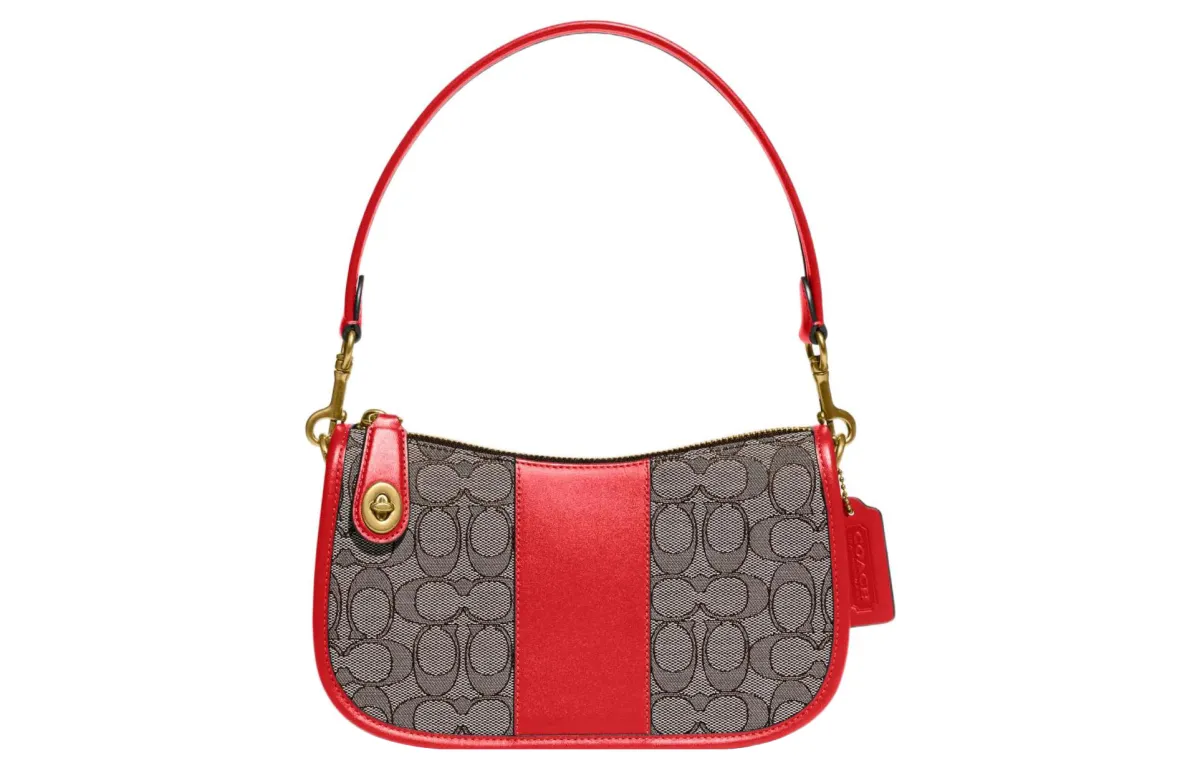 COACH Swinger Fabric With Leather Shoulder Bag, Crossbody Bag, Handbag Shoulder Bags Medium Women's Gray & Red