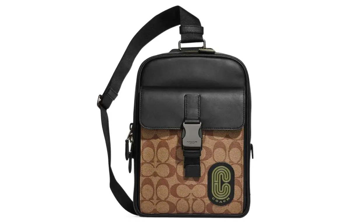 COACH Track Coated Canvas With Smooth Cow Leather Shoulder Bag, Sling Bag Small Men's Brown & Army Green