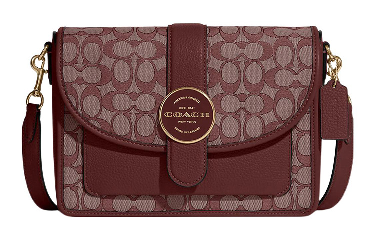 COACH Lonnie Jacquard Fabric With Pebbled Leather Shoulder Bag, Crossbody Bag Medium Women's Brown Red