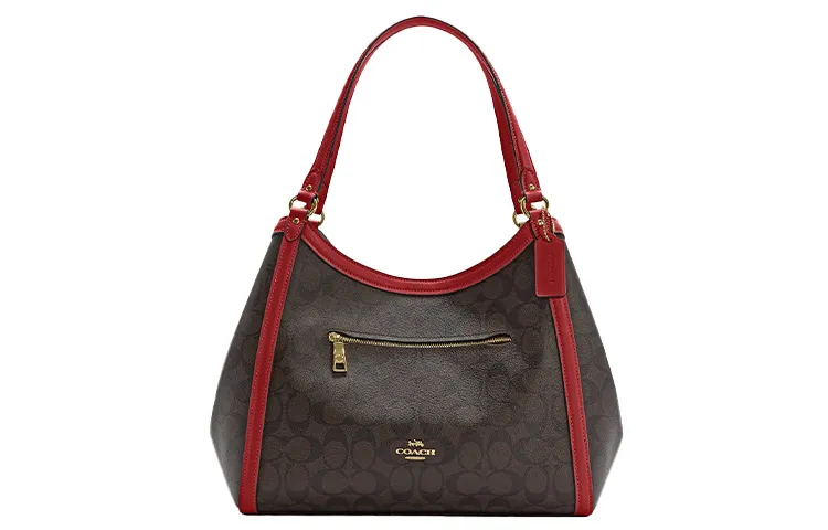 COACH Kristy Iconic Coated Canvas With Smooth Leather Bucket Bag, One Shoulder Handbag Large Women's Dark Brown & Red