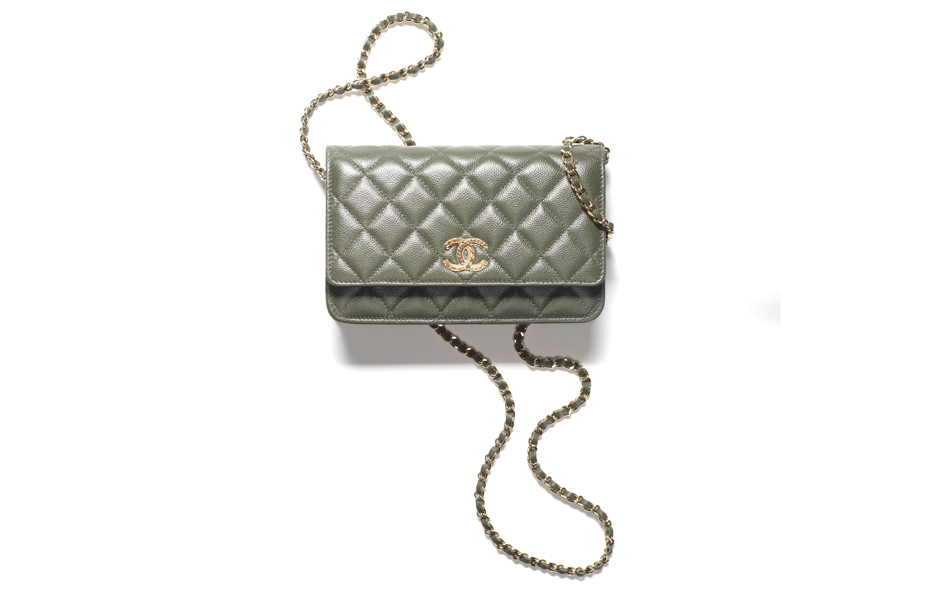 CHANEL 22K Fall Winter WOC Grain Embossed Calfskin Shoulder Bag, Crossbody Bag Women's Grass Green
