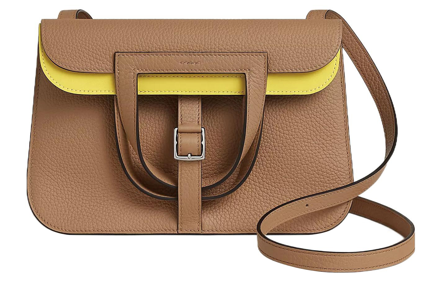 HERMES Halzan Clemence Bullock Leather Crossbody Bags Women's Milk Tea/Lemon