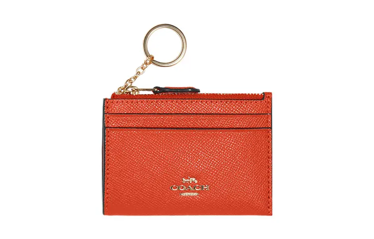 COACH Mini Id Skinny Cross Grain Leather Document Bag, Card Holder Mini Women's Orange Red
