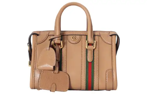 GUCCI Double G Canvas With Leather Handbag Mini Women's Light Brown