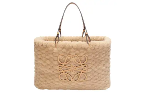 LOEWE Basket Shearling With Cow Leather Detail Tote Bag, Shopping Bag, Shoulder Bag, Handbag Women's Camel