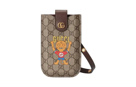 GUCCI Canvas With Leather Shoulder Bag, Crossbody Bag Cell Phone Pouch Men's Ebony
