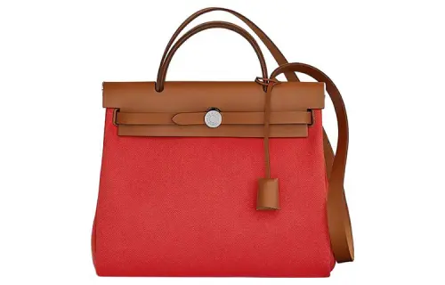HERMES Herbag Zip Canvas With Hunter Cow Leather Shoulder Bag, Crossbody Bag, Handbag 31 Unisex Orange Red/Light Tawny