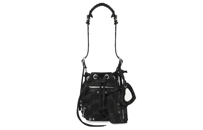 Balenciaga BB MONOGRAMLe Cagole Denim Bucket Bag, Portable Crossbody Bag, Shoulder Bag Women's Black