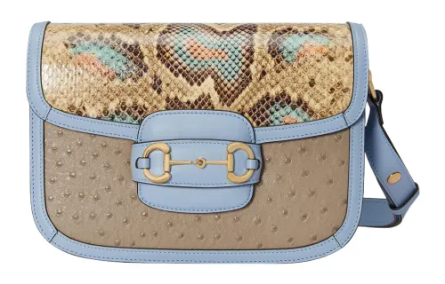 GUCCI Horsebit 1955 Ostrich Leather With Python Skin Pattern Shoulder Bag, Handbag, Shoulder Bag Women's