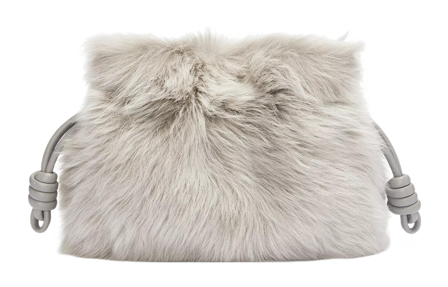LOEWE Flamenco Shearling Portable One Shoulder Crossbody Clutch Women's Gray