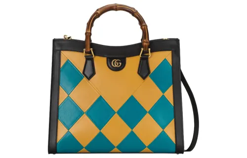GUCCI Diana Leather Tote Bag, Shopping Bag, Shoulder Bag, Crossbody Bag, Handbag Women's Yellow/Black/Blue
