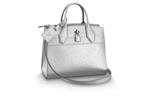 LOUIS VUITTON Steamer Ostrich Leather Small Box Shoulder Bag, Crossbody Bag, Handbag Small Women's Silver
