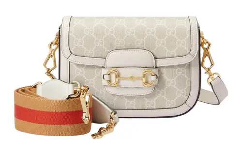 GUCCI Horsebit 1955 Canvas With Leather Trim Saddle Bag, Shoulder Bag, Crossbody Bag Mini Women's Beige