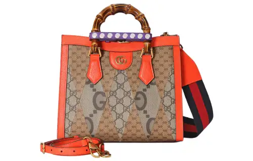 GUCCI Diana Canvas With Leather Tote Bag, Shopping Bag, Shoulder Bag, Crossbody Bag, Handbag Small Women's Orange/Ebony
