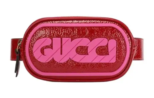 GUCCI Solid Color Leather Sling Bag, Fanny Pack Small Women's Red/Pink