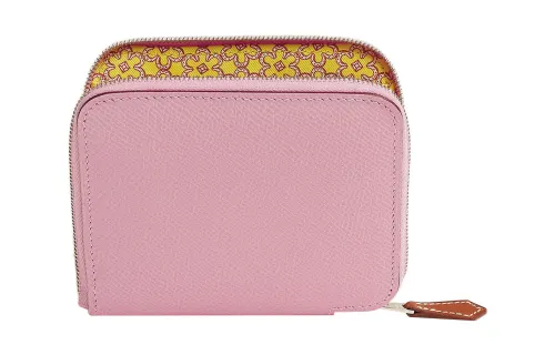 HERMES Silk'In Zip Closure Epsom With Barenia Calfskin Coin Purse Wallet Women's Forest Purple/Lemon/Copper Red