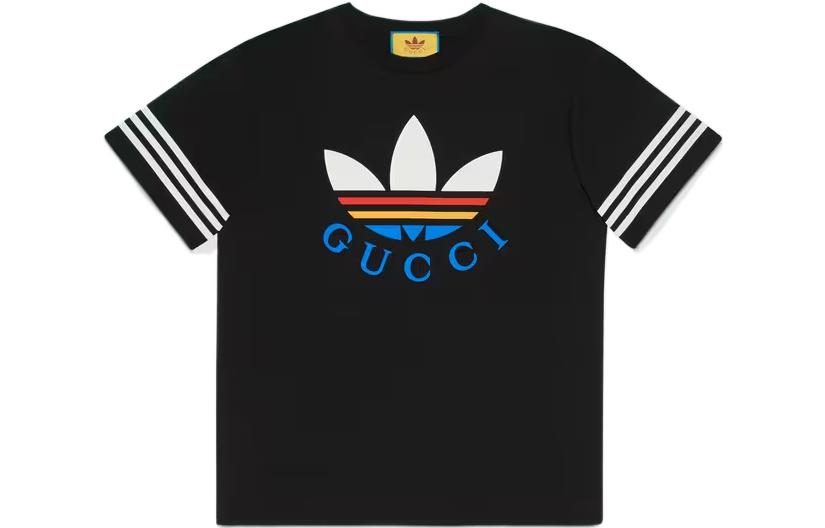 GUCCI Gucci, adidas, black short sleeve T-shirt with a round collar, with your logo imprint