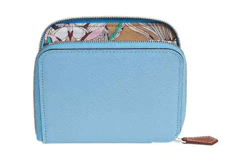 HERMES Silk'In Zip Closure Epsom Calfskin Wallet Women's 7N Celeste Sky Blue/Tea Brown