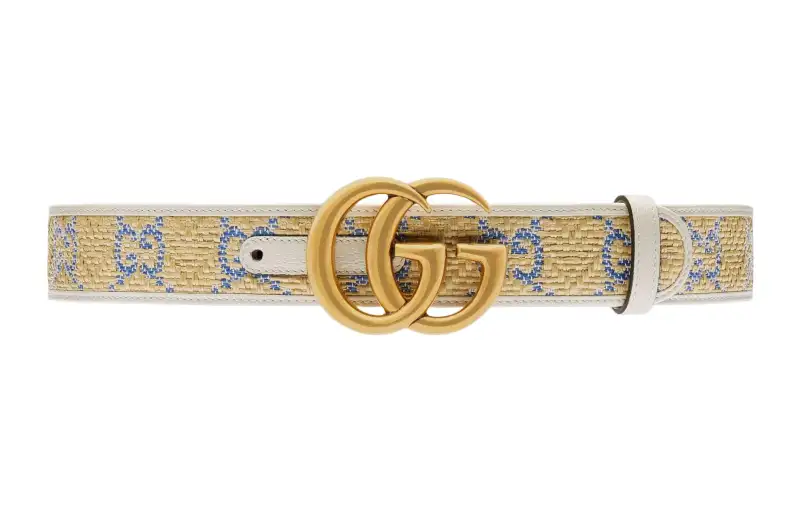 GUCCI GG Marmont Raffia, Leather, Metal Belts Women's Light Umber Width 4cm