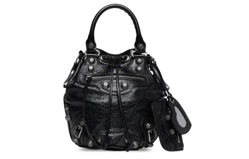 Balenciaga Le Cagole Fine Grained Sheepskin Bucket Bag, One Shoulder Handbag Small Women's Black