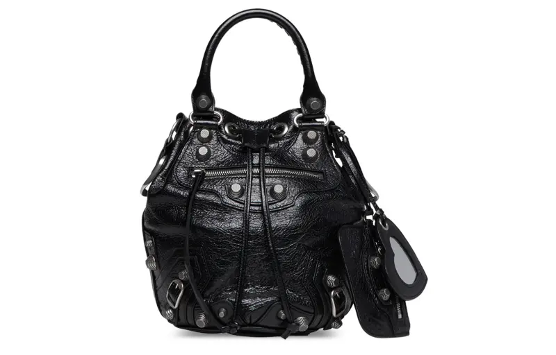 Balenciaga Le Cagole Fine Grained Sheepskin Bucket Bag, One Shoulder Handbag Small Women's Black