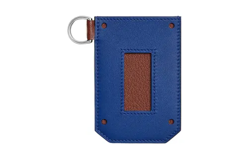 HERMES Colormatic Metal Accessories Sheepskin Card Holder Women's Royal Blue & Copper Red