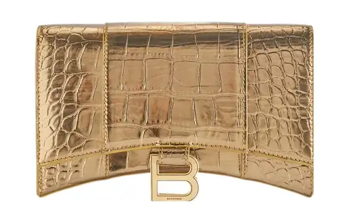 Balenciaga Hourglass Crocodile Pattern Embossed Cow Leather Shoulder Bag, Crossbody Bag, Wallet Women's Gold