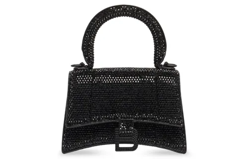 Balenciaga Hourglass Suede Calfskin With Rhinestone Shoulder Bag, Crossbody Bag, Handbag Mini Women's Black