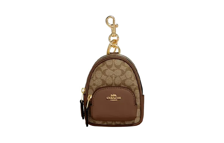 COACH Court Artificial Leather, Textile, Split Cow Leather Bag Charm Bag Accessory Mini Women's Khaki & Saddle Brown