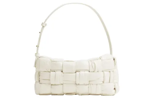 Bottega Veneta Plisse Intreccio Cassette Brick Shoulder Bag White