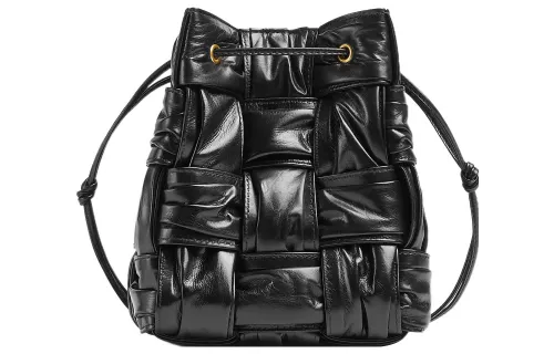 Bottega Veneta Plisse Intreccio Cassette Bucket Crossbody Bag Small Black