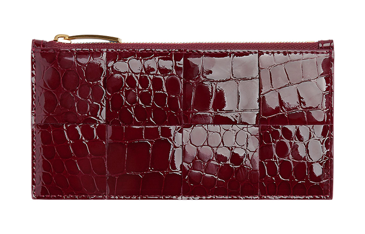 Bottega Veneta Crocodile Pattern Embossed Shinny Leather Card Holder Women's Cherry Red