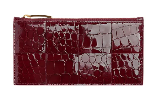 Bottega Veneta Crocodile Pattern Embossed Shinny Leather Card Holder Women's Cherry Red
