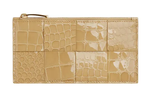 Bottega Veneta Crocodile Pattern Embossed Shinny Leather Card Holder Women's Light Gold
