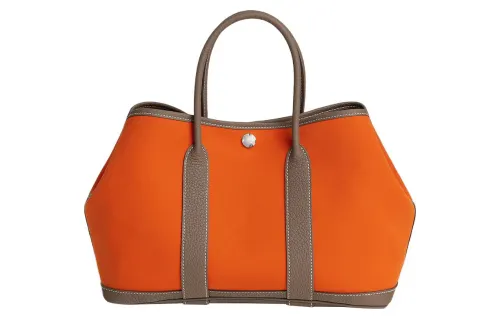 HERMES Garden Party Canvas And Negonda Calfskin Handbag 30 Women's Flame Orange/Elephant Gray