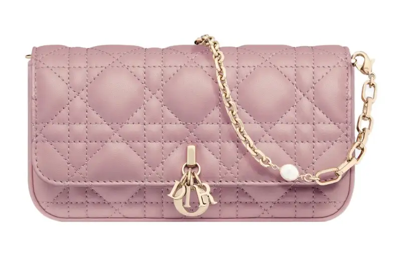 DIOR Lady Dior Wicker Pattern Sheepskin Handheld Crossbody One Shoulder Cell Phone Pouch Regular Women's Vintage Pink