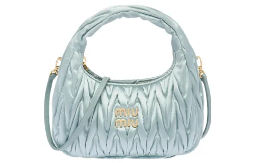 MIU MIU Wander Satin With Leather Hobo Bag, Crossbody Bag, Handbag, Shoulder Bag Regular Women's Lake Blue