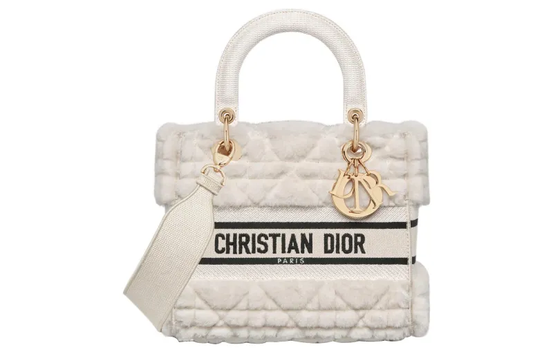 DIOR Lady D Lite Shearling Handbag, Shoulder Bag, Crossbody Bag, Handbag Medium Women's White