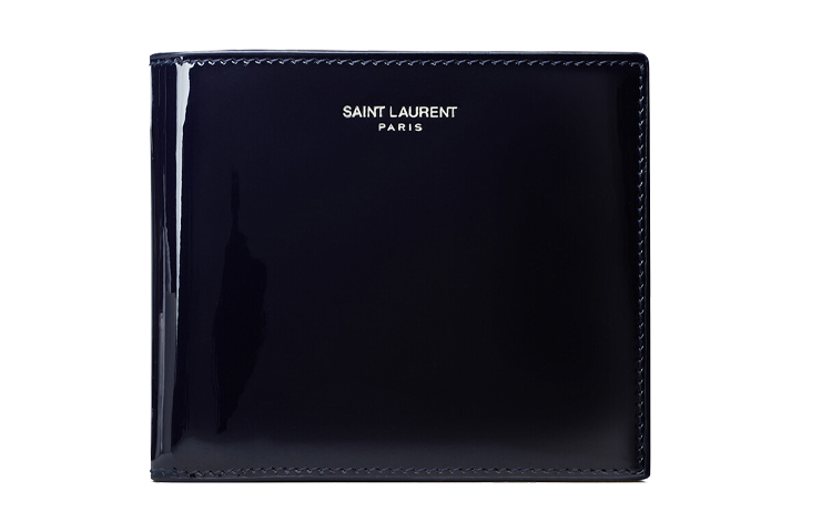 SAINT LAURENT Yves Saint Laurent YSL PARIS brand logo printed short bifold patent calfskin wallet men's dark blue