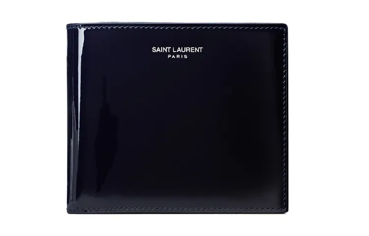SAINT LAURENT PARIS Patent Leather Calfskin Wallet Men's Dark Blue