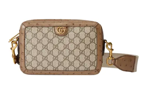 GUCCI Canvas With Ostrich Leather Binding Crossbody Bag, Shoulder Bag Men's